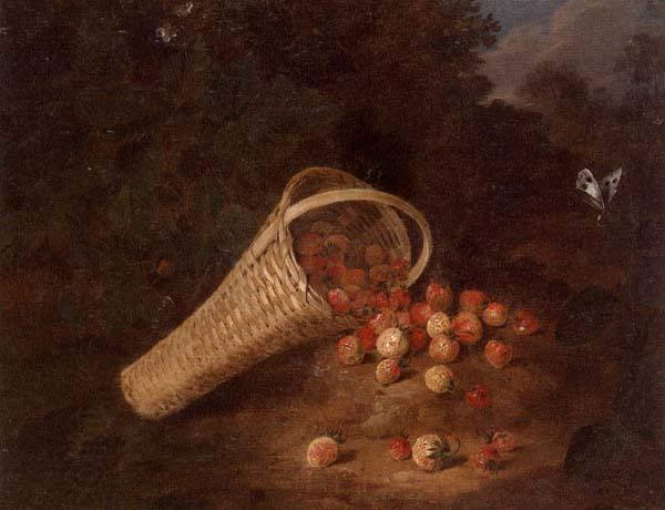 unknow artist A wooded landscape with sirawberries spilling from an overturned basket oil painting picture